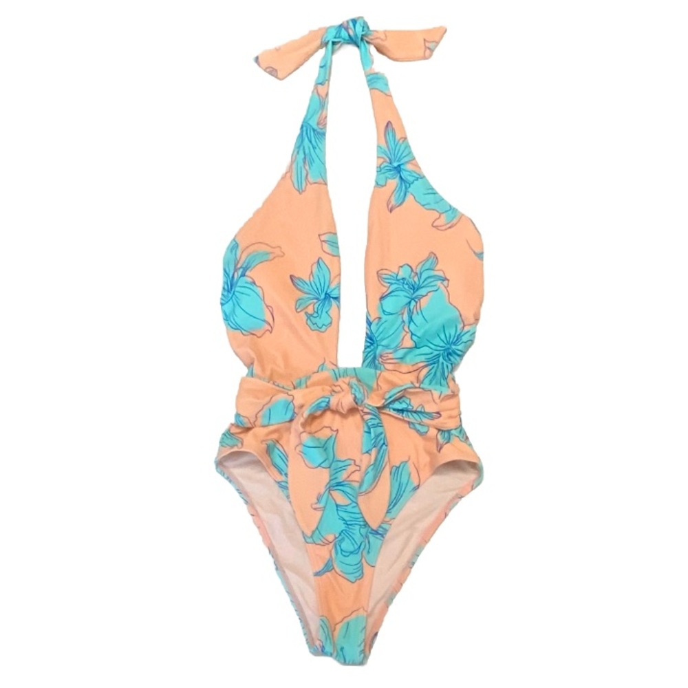 🆕 Cupshe Swimsuit Womens Large Orange Sorbet Blue Floral Plunging One Piece NWT